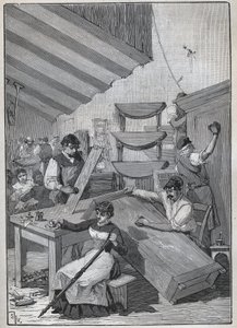 Ebenisterie: ورشة طلاء الطوابع. نقش من عام 1885 في "" Les Arts et metiers Illustres "" لأدولف بيتارد. بواسطة فنان غير معروف