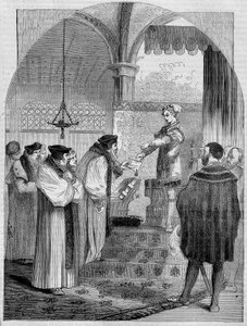 إدوارد السادس (1547-1553) ملك إنجلترا يقدم شهادة جوان بوشر لرئيس الأساقفة كرانمر بواسطة فنان غير معروف