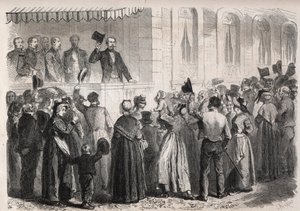 الإمبراطور نابليون الثالث (1808-1873) على شرفة فيلا شتراوس أ فيشي ، استقبله سكان الريف يوم الأحد 7 يوليو 1861 - نقش في "" العالم المصور " بواسطة فنان غير معروف
