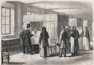 الإمبراطور نابليون الثالث (1808-1873) يزور غرف فندق ديو (فندق ديو) لمرضى الكوليرا ويتحدث معهم - نقش في "" العالم المصور " بواسطة فنان غير معروف