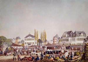 الإمبراطور نابليون الأول (1769-1821) يستعرض القوات في فرانكفورت. نقش من عام 1813. فرانكفورت ، المتحف التاريخي بواسطة فنان غير معروف