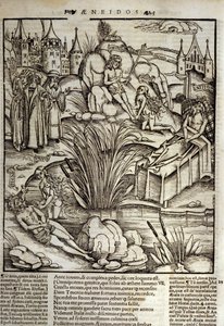 Eneide de Virgil (70 قبل الميلاد - 19 قبل الميلاد) ، الكتاب الثاني عشر ، تم التعامل مع أبطال طروادة Enee بأعجوبة من قبل كوكب الزهرة ، ثم قرر اقتحام مدينة لاتينوس. مات ملك لاتسيو (إلى اليمين) وإيني هو الذي سيصبح الملك الذي ينقي ابنة الراحل لافيني بواسطة فنان غير معروف