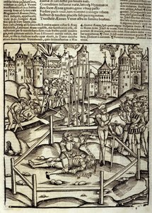 Eneide de Virgil (70 قبل الميلاد - 19 قبل الميلاد) ، الكتاب الثاني عشر ، أبطال طروادة Enee يقتلون في معركة Turnus تحت عيون اللاتين والروتولز. Xylography بواسطة سيباستيان برانت (1458-1521). ستراسبورغ بواسطة فنان غير معروف