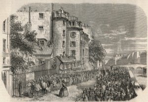 دخول محافظة الشرطة عن طريق شارع القدس في زاوية Quai des Orfevres في باريس في القرن التاسع عشر قبل 1871 - نقش في "Tableau-de-Paris" بواسطة Edmond Texier 1852. بواسطة فنان غير معروف