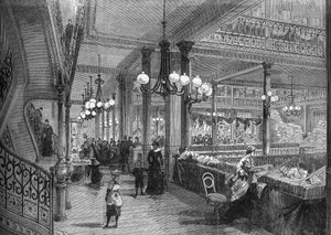 توسعات متاجر "Bon marche": صالة عرض جديدة تؤدي إلى البوفيه. باريس 1880. بواسطة فنان غير معروف