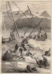 رحلة استكشافية حول العالم (1785-1788) بقلم جان فرانسوا غالوب دي لا بيروس (1741-1788): غرق سفينة في ميناء الفرنسي (ألاسكا) - رسم توضيحي مأخوذ من "البحارة العظماء في القرن الثامن عشر" بواسطة فنان غير معروف