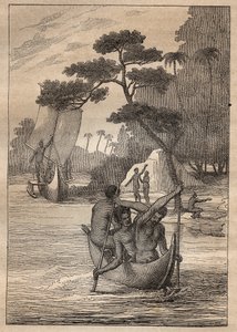 رحلة استكشافية من نيكولاس توماس ماريون دوفرسن (ماريون دوفرسن) (1729-1772): زوارق من جزر أدميروت (أرخبيل بسمارك ، بابوا غينيا الجديدة) - رسم توضيحي مأخوذ من "" البحارة العظماء في القرن الثامن عشر "" بواسطة فنان غير معروف