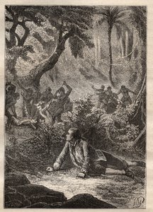 بعثة نيكولاس توماس ماريون دوفرسن (ماريون دوفرسن) (1729-1772): البحار الوحيد الباقي شاهد على مذبحة جميع رفاقه ، بمن فيهم ماريون ، على يد سكان Assassins Bay (جزيرة ماتوارو ، نيوزيلندا) - رسم توضيحي مأخوذ من " جي بواسطة فنان غير معروف