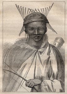 رحلة استكشافية إلى داخل أراضي جنوب إفريقيا (1775) بواسطة Anders Sparrman (1748-1820): boschiman (Bochiman أو San ، السكان الأصليون في جنوب إفريقيا) - رسم توضيحي مأخوذ من "البحارة العظماء في القرن الثامن عشر" بواسطة فنان غير معروف