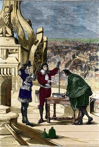 تجربة Blaise Pascal مع مقياس الزئبق في الجزء العلوي من Tour Saint Jacques la Boucherie في باريس. بواسطة فنان غير معروف