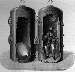 خبرة عالم الفسيولوجيا بول بيرت في الضغط الجوي (1833-1886): يتسع تنفس الهواء المؤكسد عن طريق خفض الضغط. نقش في "" La Nature: revue des sciences et de leurs applications aux arts et a l'industrie "" بتاريخ 22 كانون الأول (ديسمبر) 1 بواسطة فنان غير معروف