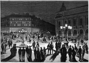 تجربة في Place de l'opera في باريس لنظام إضاءة غاز جديد في عام 1872. نقش فبراير 1872. بواسطة فنان غير معروف