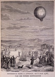 تم إجراء التجربة في Annonay في 5 يونيو 1783 بواسطة Montgolfier Brothers - في "" Les Contemporains "، في أواخر القرن التاسع عشر. بواسطة فنان غير معروف