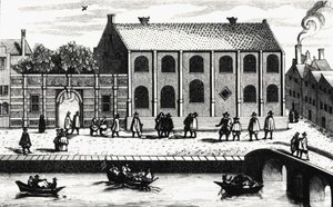 منظر خارجي لمبنى جامعة لايدن التي أسسها غيوم دي ناسو عام 1575. النقش بعد "" Illustrium Hollandiae ، إلخ ، Ordinum ، Alma Academia Leydensis "" بواسطة فنان غير معروف
