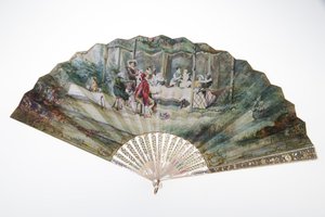 مروحة ، حوالي 1870 ، ورق مطبوع ومطلي ، وصدف ، وذهب ، وفضة ، ومعادن نحاسية ، ومرآة ، وصانع غير معروف بواسطة فنان غير معروف