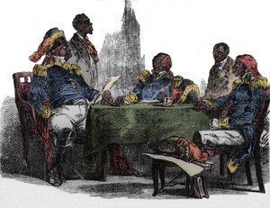 فوستين سولوك (1782-1867) فوستين الأول ، إمبراطور هايتي من 1847 إلى 1859 ، مُمثل في اجتماع نقش من "إمبوريو بيكتسكو" 1850 بواسطة فنان غير معروف