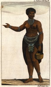 عضوة من قبيلة Hottentots في جنوب إفريقيا ، نقش عام 1820. بواسطة فنان غير معروف