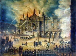 حريق مسرح فينر أوبرا فيينا عام 1881. رسم من القرن التاسع عشر بواسطة فنان غير معروف