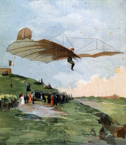 أول اختبار انزلاق لأوتو ليلينثال (1848-1896) ، مهندس ألماني ، على طائرته في عام 1894 بواسطة فنان غير معروف
