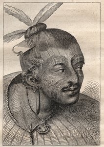 الرحلة الأولى (1768-1771) للكابتن جيمس كوك (1728-1779): رأس موشوم لنيو زيلاندي (نيو زيلاندي) - رسم مأخوذ من "البحارة العظماء في القرن الثامن عشر" بواسطة فنان غير معروف