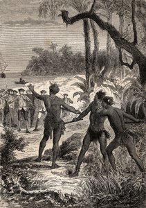الرحلة الأولى (1768-1771) للكابتن جيمس كوك (1728-1779): بينما كان كوك وعشرة بحارة يبحرون على الساحل الزوال لنيوجيني ، قام ثلاثة هنود من الغابة مع صرخات عظيمة - رسم توضيحي مأخوذ من "البحارة العظماء في" القرن الثامن عشر "" بواسطة فنان غير معروف