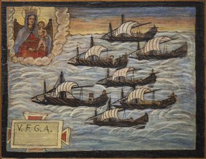 بحار فوتو سابقًا (ex voto) ، عرض شعبي كتعهد بإخلاص وامتنان للبحار الناجي من مخاطر البحر القادمة من كنيسة العذراء المباركة لقوس نابولي (مادونا ديلاركو) في إيطاليا في القرن التاسع عشر بواسطة فنان غير معروف