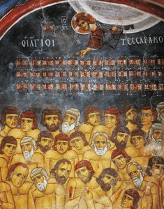 أربعون شهيدًا من سبستية أو الأربعين المقدسة ، لوحة جدارية (القرن الثاني عشر) ، أيوس نيكولاوس تيس ستيس (القديس نيكولاس أوف رووف) (القرن الحادي عشر) (قائمة اليونسكو للتراث العالمي ، 2001) ، جبال ترودوس ، قبرص ، التفاصيل بواسطة فنان غير معروف