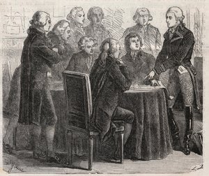 الثورة الفرنسية: الكونت لويس ماري دي ناربون لارا (ناربون لارا) (1755-1813) يعرض خططه في لجان الجمعية - نقش في "" العالم المصور " بواسطة فنان غير معروف