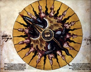 يمثل Frontispice الشمس في "Astronomicum Caesarium" ، أطروحة في علم الفلك تتعلق بنظرية Ptolemeus ، بقلم P. Apiano. بواسطة فنان غير معروف