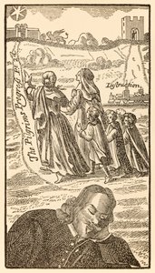 صورة من الجزء الثاني من تقدم الحجاج من هذا العالم ، إلى ما سيأتي به جون بونيان (1628-1688) تظهر فيه المؤلف يحلم بعائلة المسيحيين ، زوجته كريستيانا بواسطة غير معروف