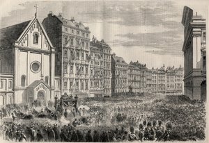 جنازة إمبراطور المكسيك ماكسيميليان الأول (1832-1867): وصول الموكب الجنائزي أمام كنيسة Capuchins في فيينا. نقش في "" L'Univers اللامع "" بواسطة فنان غير معروف