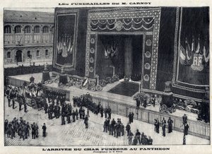 جنازة سعدي كارنو (1837-1894) ، الرئيس الفرنسي الأسبق ، في البانثيون في باريس. وصول خزان الجنازة. نقش في "" Le Parisien "" بواسطة فنان غير معروف