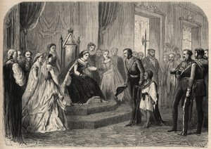 قدم الجنرال روبرت كورنيليس (كورنيليوس) نابير (1810-1890) ليول أليمايهو تيودروس (1861-1879) ، ابن النيجوس الإثيوبي ثيودوروس الثاني (تيودروس) ، إلى الملكة فيكتوريا إيري (1819-1901). نقش في "الكون اللامع" بواسطة فنان غير معروف