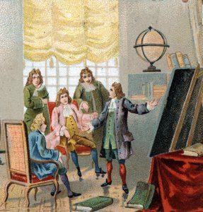 جوتفريد فيلهلم ليبنيز (1646-1716) ، فيلسوف وعالم رياضيات ألماني ؛ إظهار نظرياته في الحساب التفاضلي. الطباعة الحجرية الملونة ، أواخر القرن التاسع عشر. بواسطة فنان غير معروف