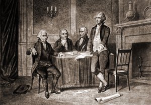 الحاكم موريس (1752-1816) مع آدامز وهاملتون وجيفرسون. بواسطة فنان غير معروف