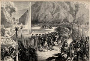 المجلة الكبرى في 14 أغسطس: الإمبراطور نابليون الثالث (1808-1873) ، تلاه طاقمه يعبر حديقة التويلري في باريس. ابنه ، الأمير الإمبراطوري يوجين لويس جوزيف (1856-1879) ، على يمينه. نقش في "الكون اللامع" بواسطة فنان غير معروف