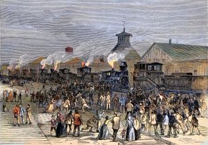 إضراب كبير للسكك الحديدية في عام 1877 ، حصار المحركات في Martinsburg ، فيرجينيا الغربية بواسطة فنان غير معروف