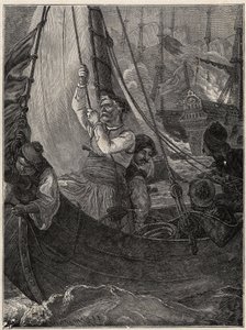 حرب الاستقلال اليونانية 1821 - 1829: قسطنطين (قسنطينة) كاناريس (كونستانتينوس كاناريس) يحرق بارجة الأسطول التركي قبل خيوس بواسطة فنان غير معروف