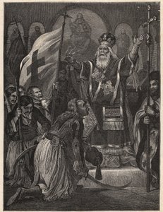 حرب الاستقلال اليونانية 1821 - 1829: الأسقف جرمانوس (جيرمان) الثالث من باتراس القديمة (جورجيوس غوتزياس) يبارك علم الكفاح من أجل الحرية ، دير أجيا لافرا (Sainte Laure du Peloponnese) ، 21 مارس 1821 - نقش بعد الرسم بواسطة فنان غير معروف
