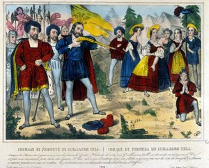 Guillaume Tell (William Tell) (البطل الأسطوري لاستقلال سويسرا). يجبر البربري جيسلر Guillaume Tell على إزالة تفاحة بسهم وضعت على رأس طفله. نقش القرن التاسع عشر بواسطة فنان غير معروف