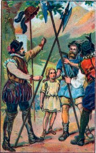 رفض غيوم تيل (وليام تيل) (الأبطال الأسطوريون لاستقلال سويسرا) الانحناء للقبعة. الطباعة الحجرية الملونة في أواخر القرن التاسع عشر. بواسطة فنان غير معروف