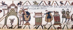 هارولد يقسم اليمين المقدس لوليام في Bayeux ، Bayeux Tapestry (تطريز صوف على الكتان) بواسطة فنان غير معروف