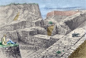 هاينريش شليمان يأخذ رسومات لجدران طروادة (Hissarlik) أثناء الحفريات بواسطة فنان غير معروف