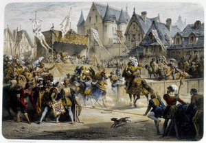 أصيب هنري الثاني (1519 - 1559) بجروح قاتلة على يد مونتغمري خلال بطولة 29 يونيو 1559 ، شارع سانت أنطوان ، أمام قصر Tournelles - الطباعة الحجرية بواسطة فنان غير معروف