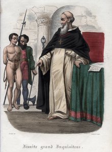 السجين الزنديق والمحقق اليسوعي الكبير في عهد البابا كليمنت الثامن (1592-1605). نقش من عام 1842 في "تاريخ الباباوات" لموريس لاشاتر. مجموعة خاصة. بواسطة فنان غير معروف