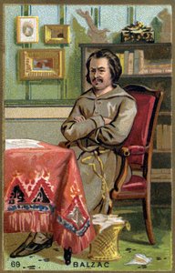 Honoré de Balzac (1799 - 1850) في مكتبه. الطباعة الحجرية الملونة في القرن التاسع عشر. بواسطة فنان غير معروف