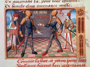 حرب المائة عام: "Etienne de Vignoles or Vignolles dit La Hire (Lahire) (1390-1443) وجان بوتون ، سيد Xaintrailles (أو Saintrailles) (v. 1400 to 1461) ، رفقاء Joan of Arc ، أصبحوا نقباء "" منمنمة مضاءة من مخطوطة "" Vig بواسطة فنان غير معروف