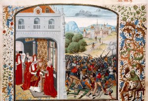 حرب المائة عام: "" توج البابا غريغوار الحادي عشر (1329-1378) أفينيون عام 1370. معركة بونتفالان بين الفرنسية والإنجليزية في 4/12/1370 "" صورة مصغرة من "سجلات" بقلم جان فرويسارت (1337-1400) القرن الخامس عشر في باريس. BN بواسطة فنان غير معروف