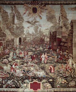 غزو المجر: "" استعاد النمساويون بودا من الأتراك العثمانيين في 1686/9/2 "بودا هي جزء من بودابست الحالية. أمراء الحرب هم تشارلز الخامس من لورين وميكسا إيمانويل الثاني. مشاهد عنف وحرائق منزلية. تفاصيل نسيج. 17 م بواسطة فنان غير معروف