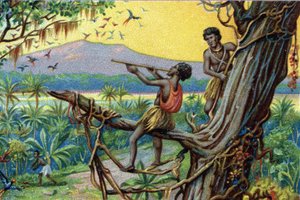تقنية الصيد. صيد الطيور الطنانة في الأرخبيل البولينيزي: يستخدم السكان العضات. الطباعة الحجرية الملونة في القرن التاسع عشر. بواسطة فنان غير معروف